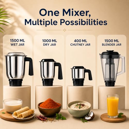 Image of Milton Appliances Ascent 1000W Mixer Grinder With 4 Jars (3 SS + 1 Juicer with Fruit Filter) | Super Grindstone Blade Technology | ISI Certified | 22000 RPM | 2 Yr Product & 5 Yr Motor Warranty | Grey