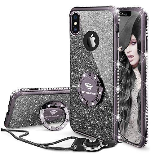 Cute iPhone Xs Max Case, Glitter Luxury Bling Diamond Rhinestone Bumper with Ring Grip Kickstand Protective Thin Girly Pink iPhone Xs Max Case for Women Girl - Black