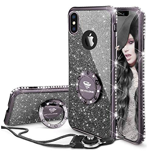 Cute iPhone Xs Case, Cute iPhone X Case, Glitter Luxury Bling Diamond Rhinestone Bumper with Ring Grip Kickstand Protective Thin Girly Pink iPhone Xs Case/iPhone X Case for Women Girl - Black