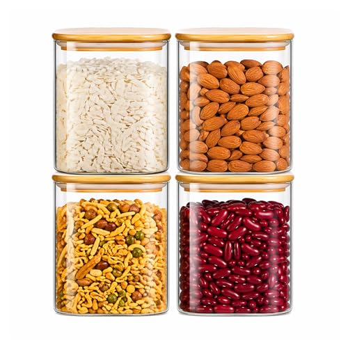 Airtight Square Glass Storage Jar with Bamboo Lid, 750ml Multipurpose Kitchen Container for Coffee, Tea, Sugar, Masala, Spices & Dry Fruits | Modern Transparent Pantry Organizer (Pack of 4)
