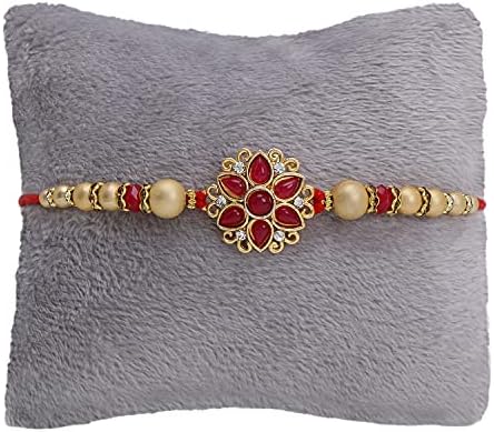 Riddhika Ventures Alluring Gold Plated Floral and Pearl Rakhi (Bracelet) with Roli Chawal & Greeting Card