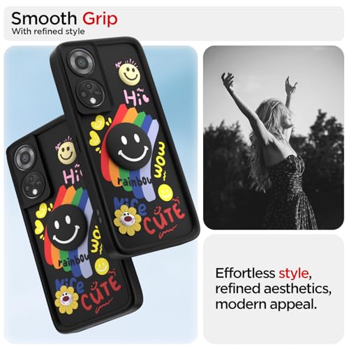 Image of Pikkme Back Cover for Oppo Reno 8T | Soft Silicone| Cute Rainbow Smile & 3D Cartoon Flower Design | Shockproof Raised Camera Protection Bumper Case (Black)