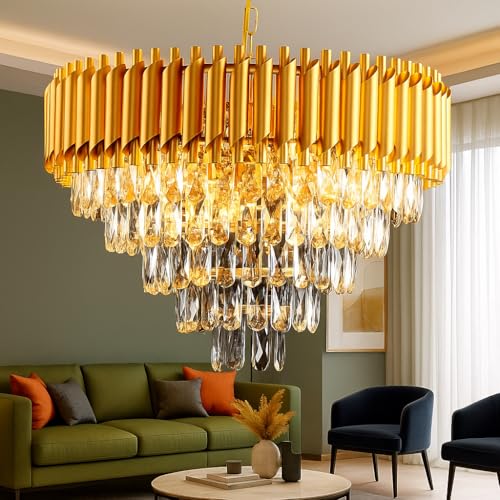 Image of Modern K9 Crystal Chandeliers Gold -Round Crystal Chandelier for Living Room Colors.Warm White, Moon Light,Golden,Led Plate Included (Full Gold, 600MM)