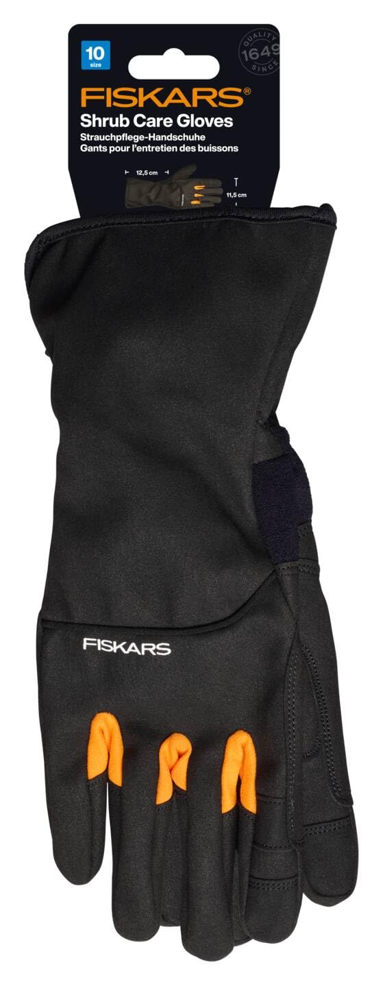 Fiskars Guantes para el Cuidado de Arbustos, Guantes de Trabajo para el Jardín, Pulgares y Puntas de los Dedos Compatibles con Pantallas Táctiles, Imitación de Cuero, Talla 10, Negro/Naranja, 1071153