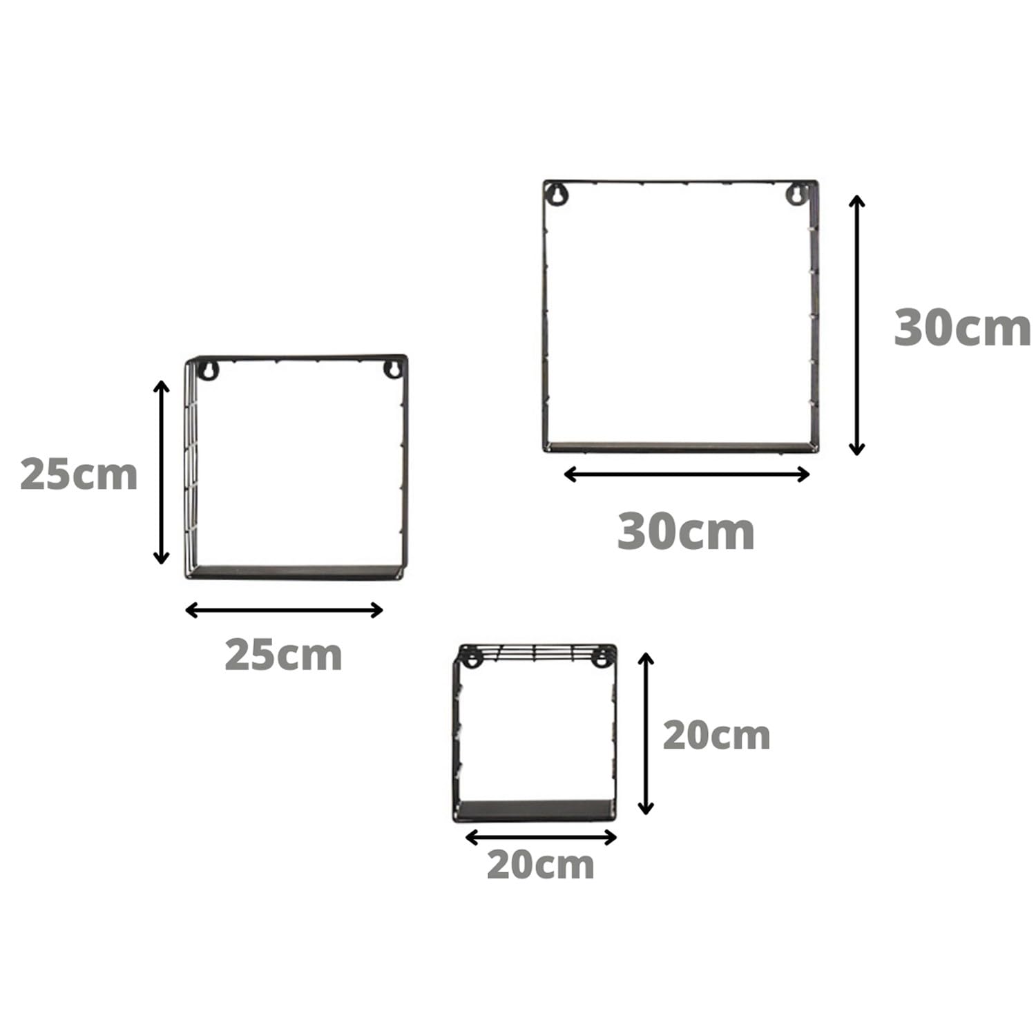 Set di 3 mensole da parete Sidney, moderne, in metallo e legno, colore nero, 30 cm