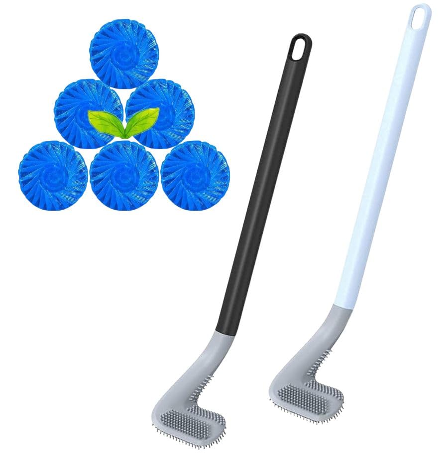 2 Pcs Toilet Cleaning Brush with Long Handle, Golf Bathroom Cleaning Brush Set, Silicone Toilet Brushs with Holder Stand, Wall Mounted Toilet Brush Western & Indian. (2 Pcs Brush+10Pcs Tablet)