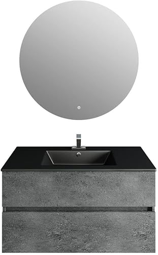 Juego de tocador de baño Legnori de 36 pulgadas, color gris, con fregadero de piedra de diseño negro mate, espejo redondo LED de luna
