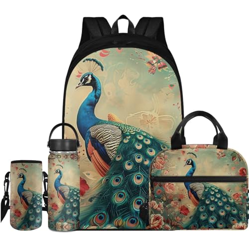 Flashideas Peacock Kids Backpack Set 4 Piece School Backpack Set with Insulated Water Bottle Portable Lunch Bag Water Bottle Holder with Strap for Kids Teens Elementary Middle School