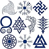10 Sheets Viking Temporary Tattoos for Men and Women, Waterproof & Long-Lasting Temp Celtic Fake Tattoo Stickers for Adults, Tattoo Axe Bullhorn Dark Blue for Parties Festivals Styling Accessories