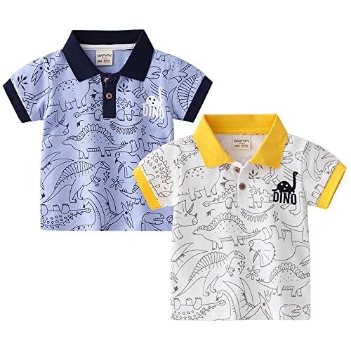2 Pack Baby Boy Button Down Short Sleeve Shirt Toddler Cool Cartoon Dinosaur Print Dress Tops Polo T-Shirt,Blue+White,2-3T #TOP11