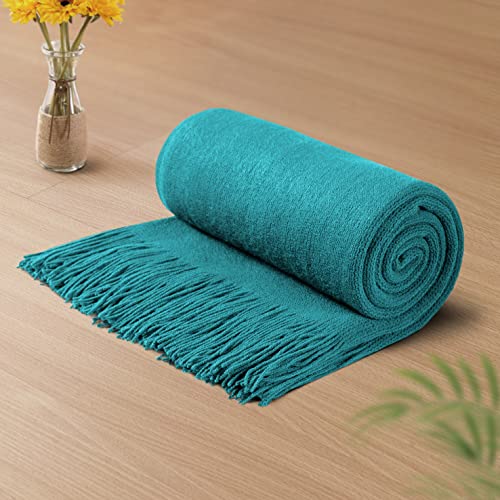 Vonty Teal Knitted Throw Blanket with Tassels Fringe, 50x60 Acrylic by Vonty - Used condition - US$15.12