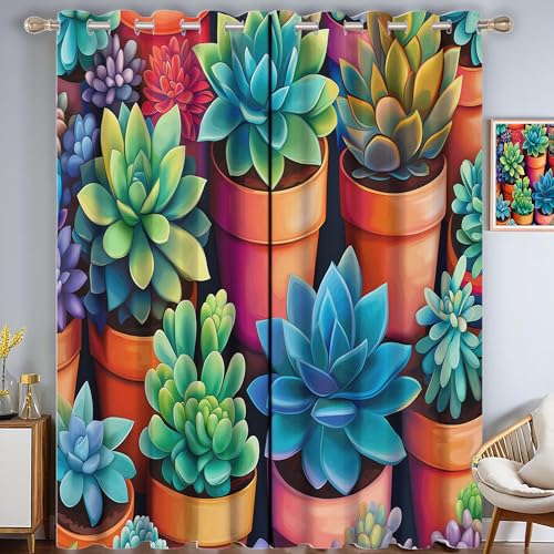MULERN Cortinas Salon Termicas, Aislantes Frio Y Calor 140An X 260Al Cm Cortinas,Arte Botánico Y Suculento Colorido Opacas Cortinas, Dormitorio Cortina Blackout para Riel Cortinas 2 Piezas
