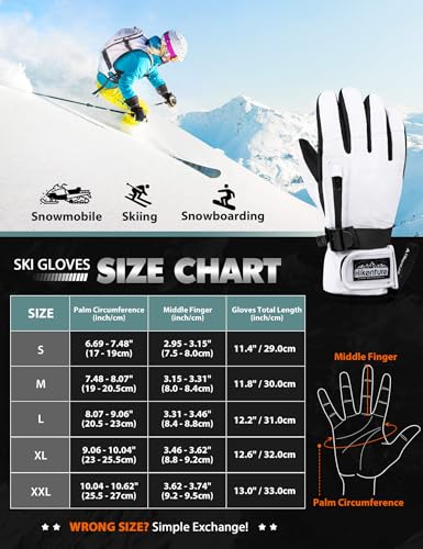 Hikenture Ski Gloves Snow Glove for Men&Women, 3M Thinsulate Waterproof Snowboard Gloves, Insulated Touchscreen Snowmobile Glove for Cold Weather, Windproof Warm Skiing Gloves, White-XL - Thumbnail 6