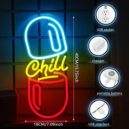 Riakrum Chill Pill Neon Sign for Wall Decor LED Light up Sign Cool Room Decor for Men Bars Tattoo Shops Bedroom Dorm Art Wall Decoration USB Powered 16'' x 7''