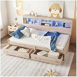 Wyibwy Cama individual, sofá cama de 90 x 200 cm, con 2 tomas USB, 2 tomas de carga y 2 cajones, con mesita de noche e iluminación LED, somieres de láminas, estructura de cama de una plaza y media de