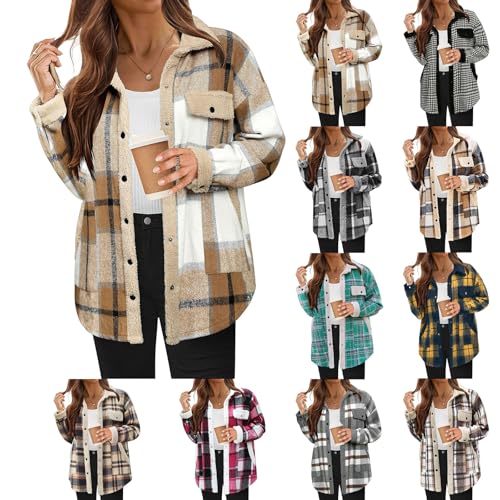 Womens Flannel Plaid Shirt Fuzzy Fleece Side Lined Jacket Oversized Long Sleeve Shackets Fall Winter Clothes