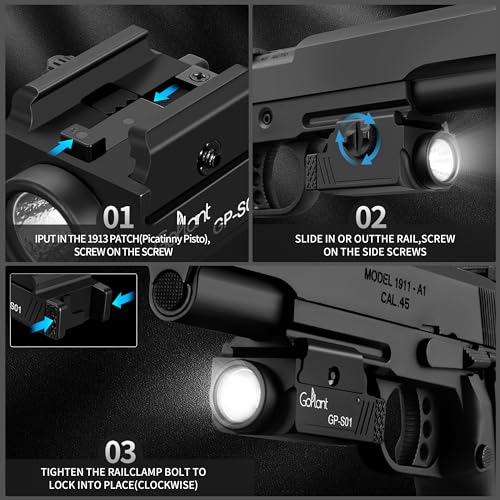GOPLANT 1200 Lumens Compact Weapon Light Flashlight, Only LED Light Without Laser Adjustable Rail-Mounted Handgun Light, Type-C Rechargeable (GP-S01)