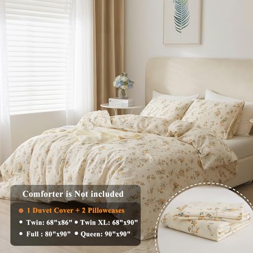 Image of VM VOUGEMARKET Botanical Duvet Cover Set Twin,Cottagecore Yellow Flowers Duvet Cover with 2 Pillowcases,100% Cotton Bedding Set,Chic Garden Floral Comforter Cover for Girls 68x86