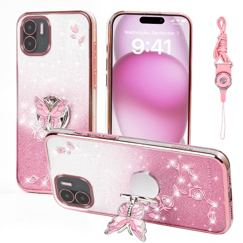 RTYQXK for Xiaomi Redmi A2 Phone Case,for Redmi A1 Mobile Phone Case for Women and Girl, Glitter Butterfly Floral TPU Protective Cover with Kickstand+Strap for Redmi A1/A2 (Pink)
