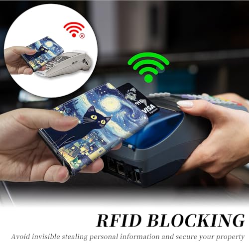 Credit Card Holder Aluminum Auto Pop Up Wallet, Slim Minimalist Credit Card Holder For Men and Women, Leather Card Case Front Pocket Trifold Wallet RFID Blocking Wallets,Black Starry Sky Cat -16673