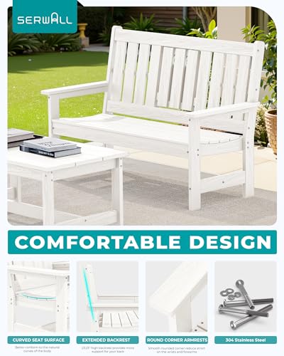 Image of SERWALL HDPE Outdoor Bench with Cup Holder Oversized 58 inch Porch Bench, White