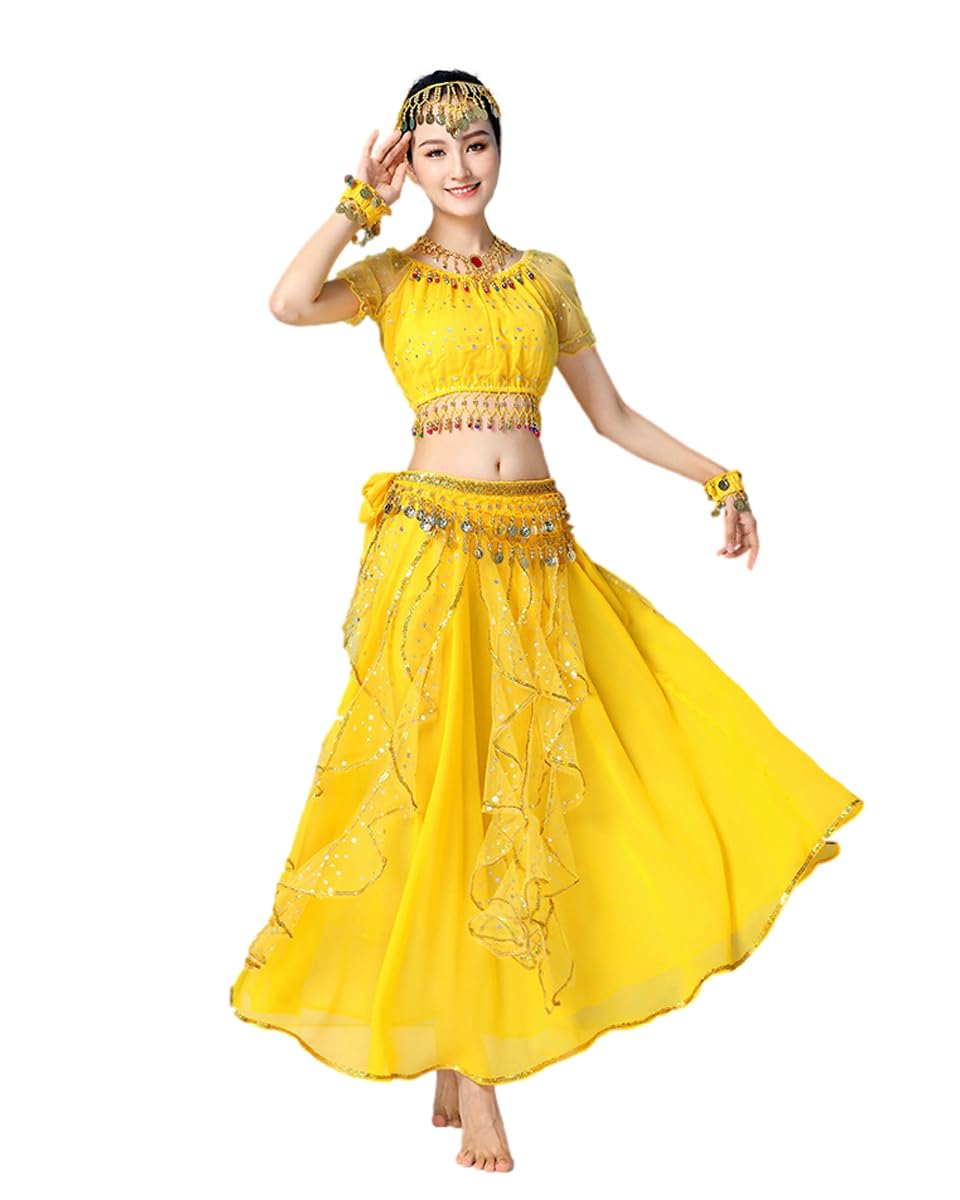Bollywood Indian Womens Arabian lace Ribbon Belly Dance 3-Piece Dress Girl Costume (top/Skirt/Belt Scarf) (Yellow, M)