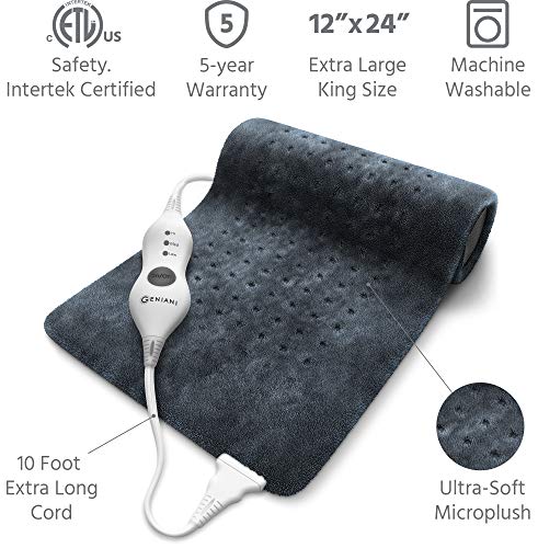 GENIANI Extra Large Electric Heating Pad for Back Pain and Cramps Relief - Auto Shut Off - Soft Heat Pad for Moist & Dry Therapy (Navy Gray) - Thumbnail 2