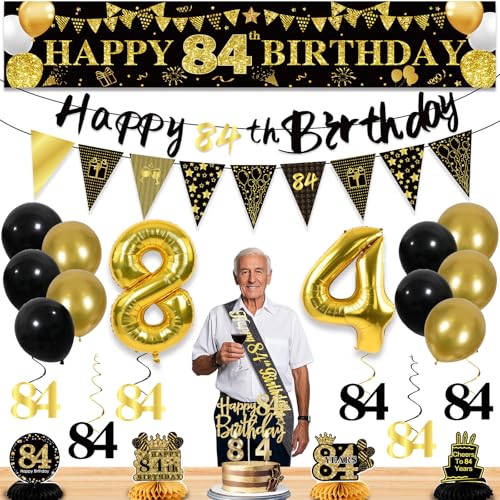 Image of 84th Birthday Decorations for Men, Black Gold 84th Party Decorations | 27pcs Happy 84th Birthdays Set: Banner, Honeycomb, Balloons, Gold Number, Candle, Hanging Swirls, Cake Topper, Party Supplies