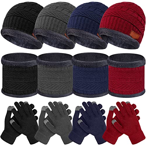 12 Pieces Kids Winter Hat Glove Scarf Sets Thick Fleece Lining Cap Knitted Beanie Warm Touchscreen Mitten Neck Warmer Gaiter for Boys and Girls, Age 5-14