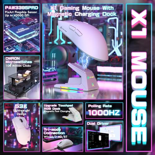 Image of ATTACK SHARK X1 Ultralight Tri Mode Wireless 40000 DPI Gaming Mouse-White | Magnetic RGB Charging Dock,PixArt PAW3395 Pro Sensor,BT /2.4Ghz /Wired,1K Polling,Optical Micro Switch,Driver for PC Mac Gamer