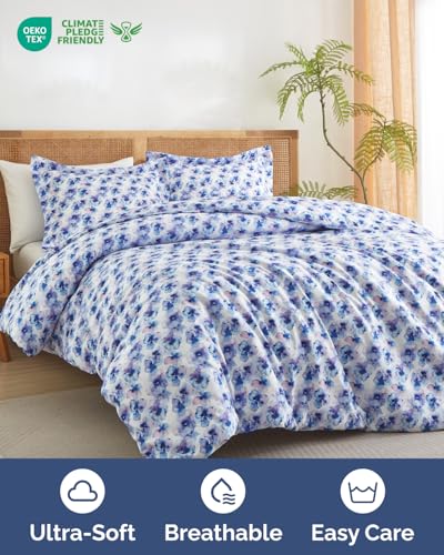 Image of Duvet Cover Cal King Size Set - Extra Soft Floral Duvet Cover 104 x 98 with 2 Pillow Shams - Comfy, Breathable Floral Bedding Set - Hotel Luxury & Fade Free w / Zipper Closures & Ties - Blue Hydrangea
