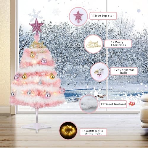 Pequena árvore de Natal rosa, mini árvore de Natal de 60 cm, pequena árvore de Natal artificial com