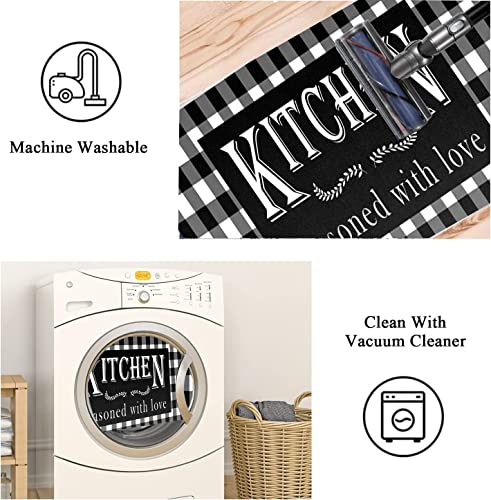 Distressed Runner Rug, Black Buffalo Plaid Non-Slip Low-Pile Floor Rug Clearance for Home Kitchen Living Room Entryway Bedroom and Laundry Room 2'x6'