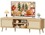 SUPERJARE Boho TV Stand for 65 Inch TV, Entertainment Center with Adjustable Shelf, Rattan TV Console with 2 Cabinets, Media Console, Solid Wood Feet, 4 Cord Holes, for Living Room - Natural