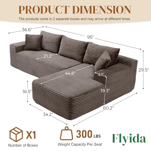 Image of 95 inch Boneless Cloud Sectional Couches for Living Room, Comfy Fluffy L Shaped Memory Foam Deep Seat Boneless Couch, Modular Sectional Sofa with Right Facing Chaise, Brown