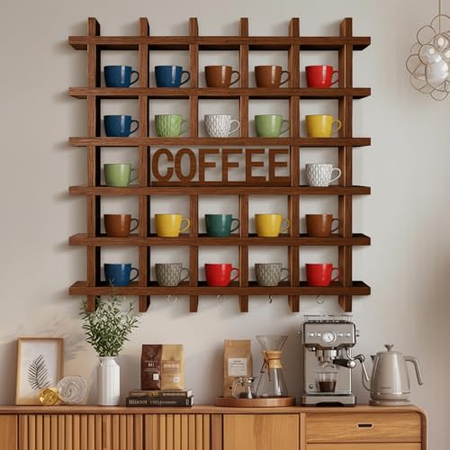 Suzile Oversize Coffee Mug Display Rack Wood Mug Display Shelf with Hooks Coffee Sign Decor up to 32 Mugs for Kitchen Station Bar Living Room Accessories(Brown) by Suzile - Image 7