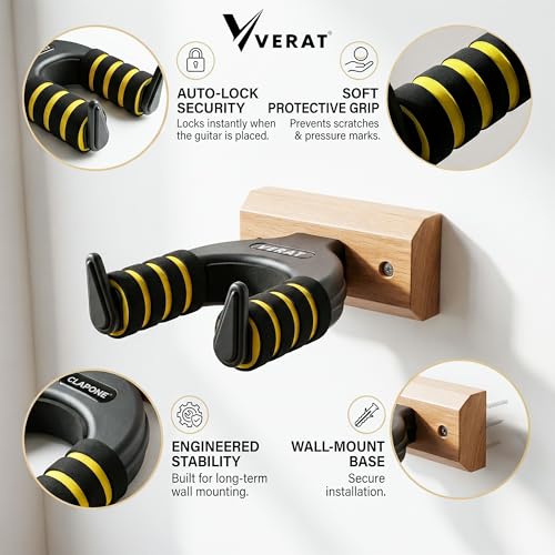 Image of VERAT Guitar Wall Mount Hanger Universal Guitar Wall Mount Hanger with Wooden Base | Foam-Padded Arms for Acoustic & Electric Guitar Wooden Base Guitar Wall Hook