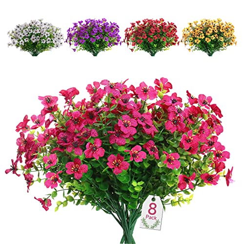 SOMYTING 8 Piezas Flores Artificiales Flor Falsa Decorativas Exterior Resistentes a los Rayos UV no se Decoloran Plantas Artificiales Verdes Jardines Porches Ventanas Arbustos Decorativo (Rojo Rosa)