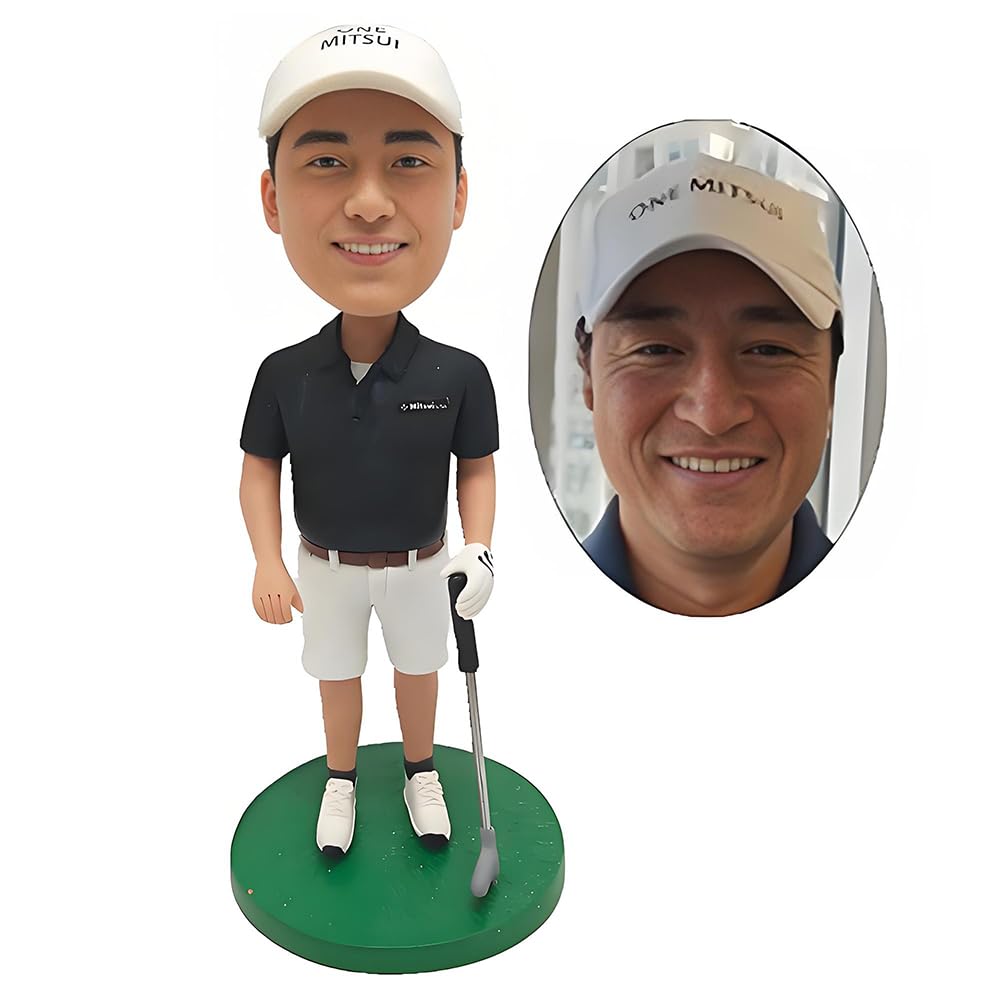 MEJELE Custom Golf Bobblehead Figure, Personalized Sports Collectible, Black Polo and White Shorts, Birthday Gift Desk Decoration for Valentine's Day