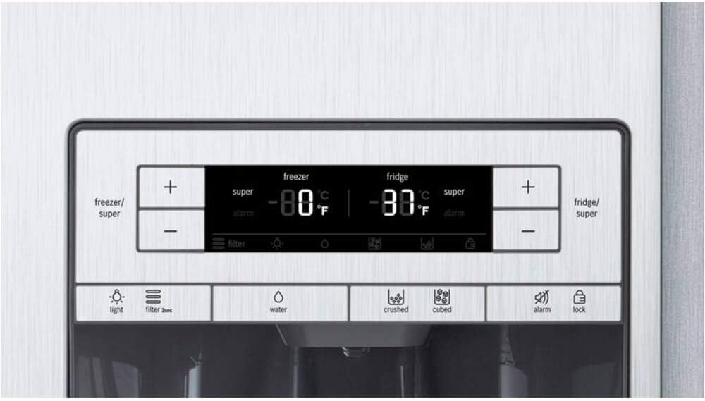 Close-up of the Bosch B20CS30SNS refrigerator's control panel, displaying temperature settings for freezer and fridge, along with buttons for 'super' functions, alarm, filter reset, light, water, crushed ice, and cubed ice.