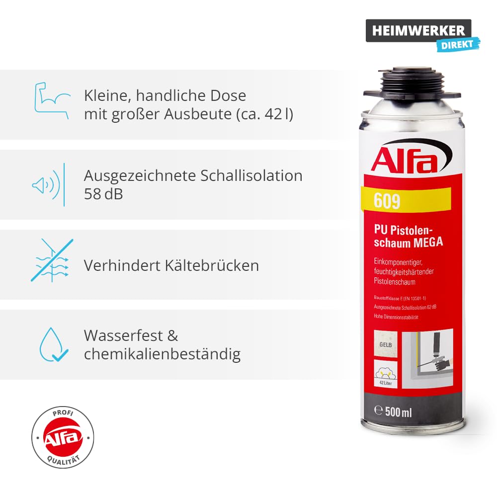 4x Alfa PU 1K Pistolenschaum grau in praktischer 500 ml Dose einkomponentiger feuchtigkeitshärtender Montageschaum