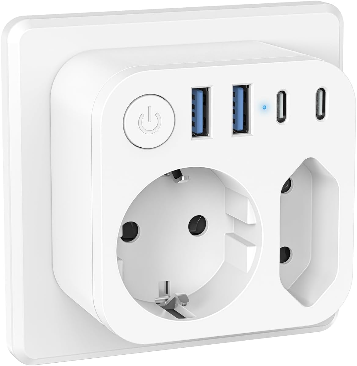 6 in 1 Wall Power Strip with 4 USB (2 Type-C), Power Adapter 2 Outlets with Electrical Switch, Ideal for Desktop, White