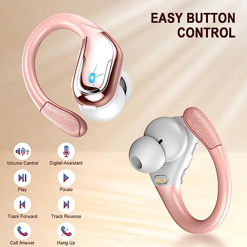 Wireless Bluetooth Earbud Sport, Bluetooth 5.3 Headphones With Noise Cancelling Mic, 90H Hifi Stereo Over Ear Earbud With Led Display And Usb-C, Ip7 Waterproof Earphones, Button Control, Rose Gold #TOP3