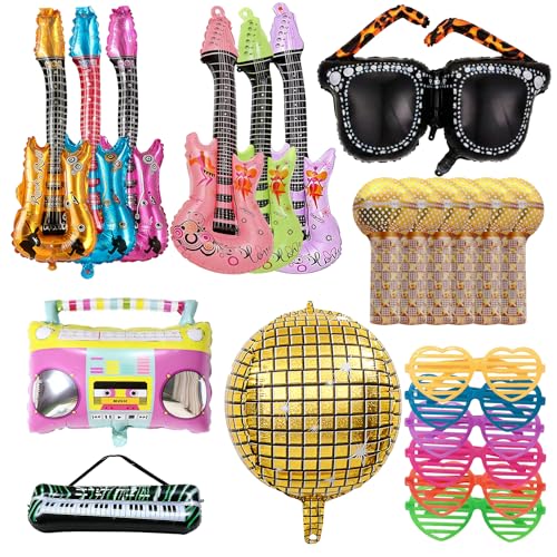 22Pcs Inflatable Instruments Party Props Inflatable Rock Star Guitars Microphones Balloons Radio and Keyboard Glasses for 80s 90s Rock Party Favors Decorations and Photo Booth Props