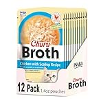 INABA Churu Broth for Cats, Creamy Broth with Shredded Chicken Side Dish Pouch, 1.4 Ounces per Pouch, 12 Pouches, Chicken with Scallop Recipe