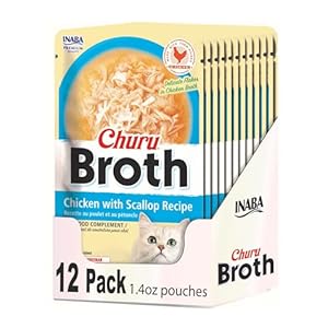INABA Churu Broth for Cats, Creamy Broth with Shredded Chicken Side Dish Pouch, 1.4 Ounces per Pouch, 12 Pouches, Chicken with Scallop Recipe