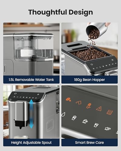 Image of Automatic Espresso Machine with Grinder & Milk Frother | 19 Bar Pressure, 15 Grind Settings and Self-Cleaning Function for Making Espresso, Cappuccino and Latte at Home
