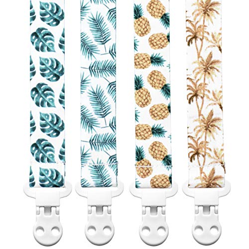 Baby Pacifier Clip Holder - Girl or Boy Unisex 4 Pack Gift Set – Tropical Leaves Pineapple Palms (Palm Springs)