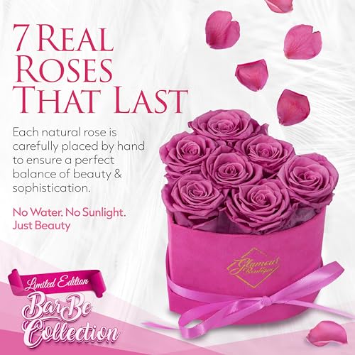 Image of GLAMOUR BOUTIQUE 7 Flower Forever Heart Shape Box, Mothers Day Gift For Mom, Eternal Preserved Roses Gift for Her, Flowers bouquet, For Birthday, Anniversary, Girlfriend - Velvet Pink (Color-Treated)