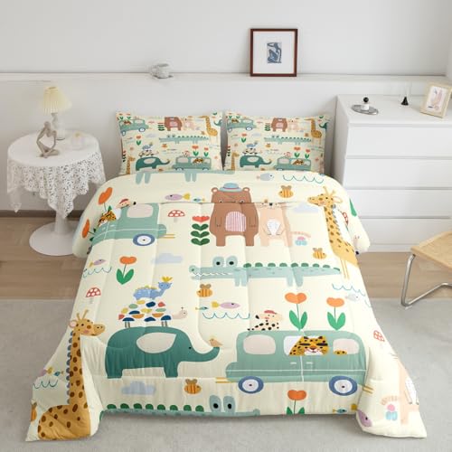 Image of Feelyou Kids Cartoon Elephant Bedding Set Full Size, Crocodile Comforter Set Boys Girls Bear Rabbit Comforter Zoo Animals Duvet Insert Kids Room Decor Microfiber Bed Set